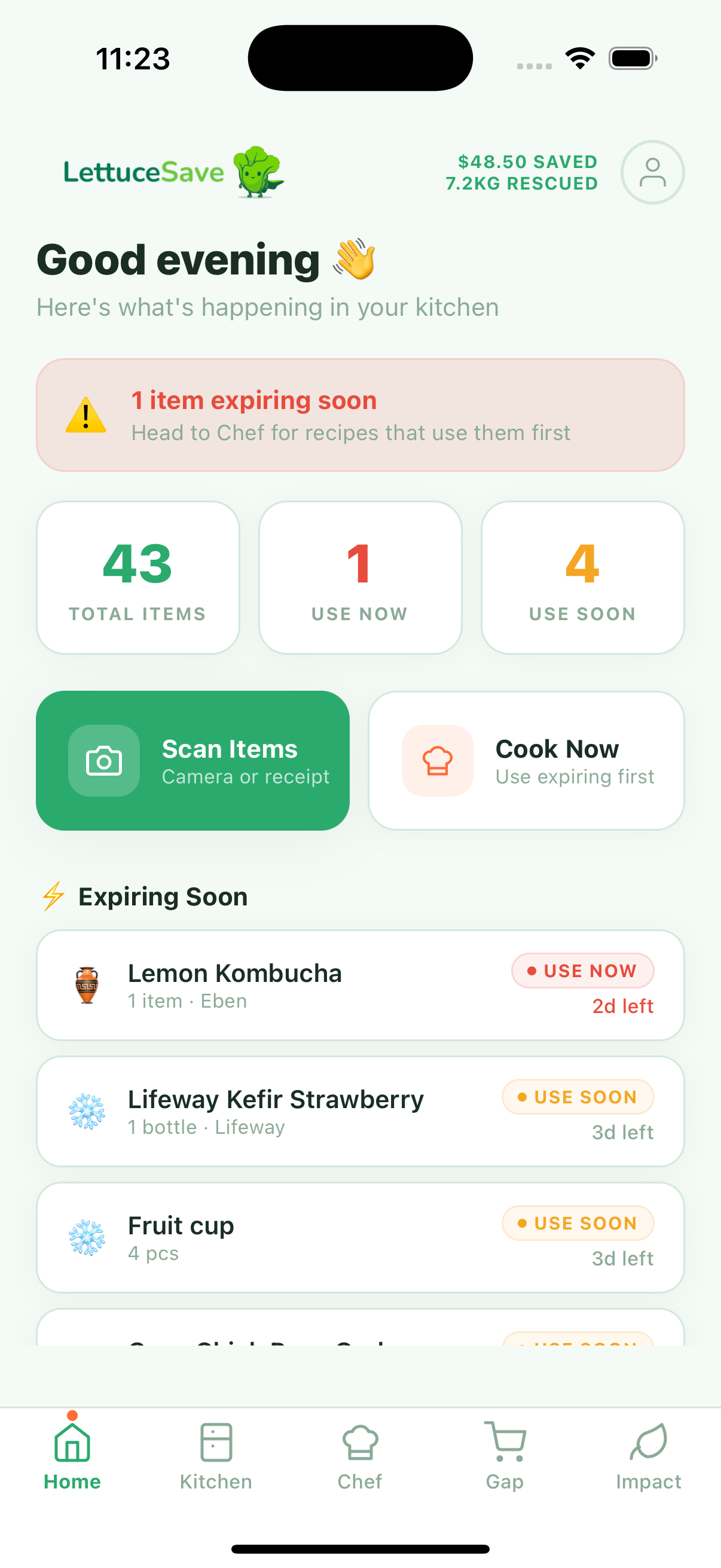 LettuceSave mobile app — home screen showing expiring items, scan button, and kitchen stats